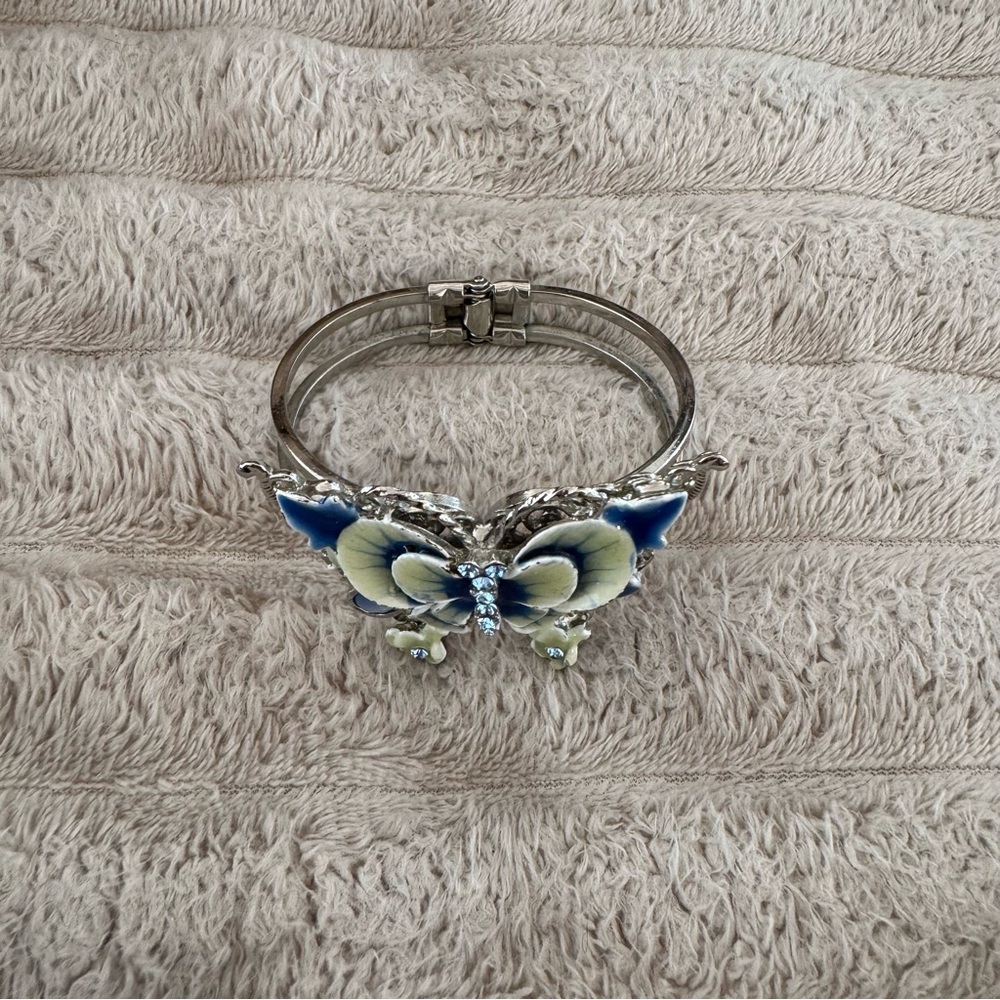 Silver Blue and Green Jeweled Butterfly Cuff - Picture 2 of 3